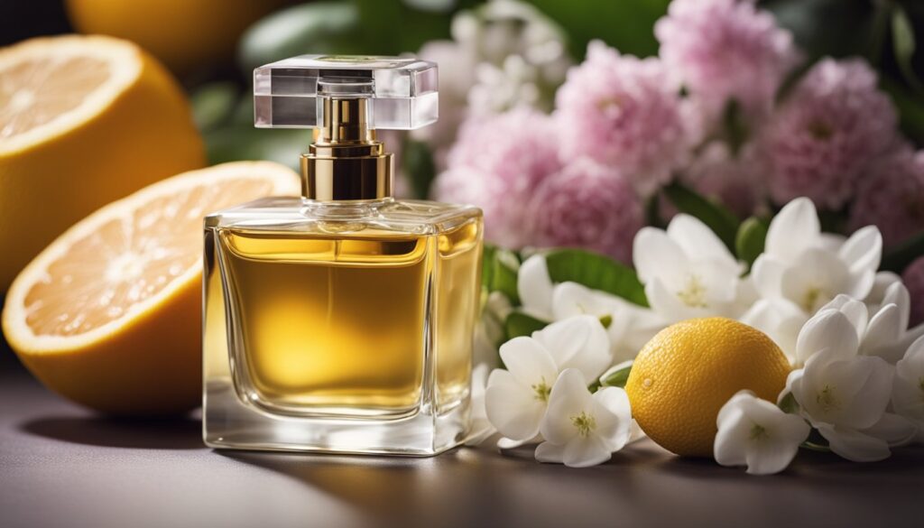 Um frasco de perfume de vidro transparente com um líquido dourado dentro, rodeado por fatias de limões e flores.