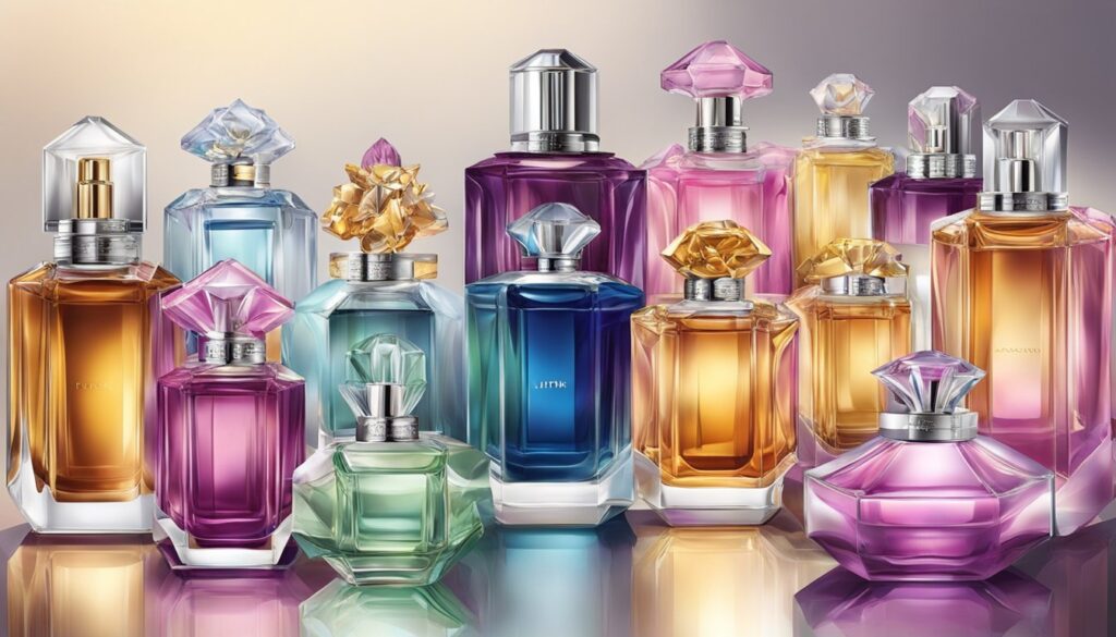 Uma exibição suntuosa dos perfumes femininos mais caros do mundo. Cores ricas, frascos elegantes e embalagens luxuosas.