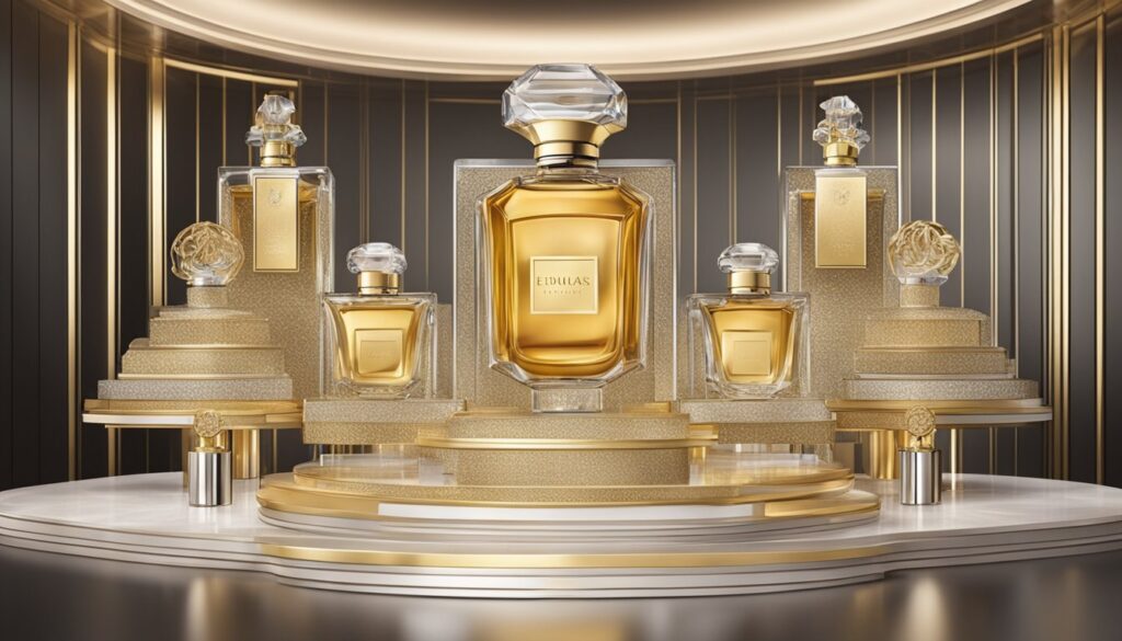 Uma exibição luxuosa dos perfumes femininos mais caros do mundo, adornada com embalagens opulentas e design requintado.