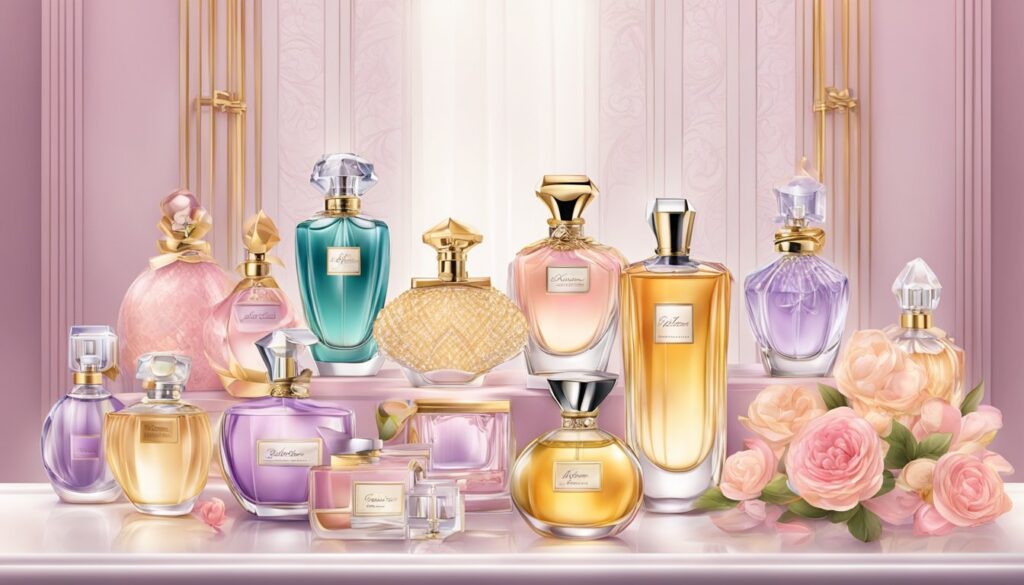 Uma exibição luxuosa de perfumes femininos icônicos, exalando elegância e opulência.
