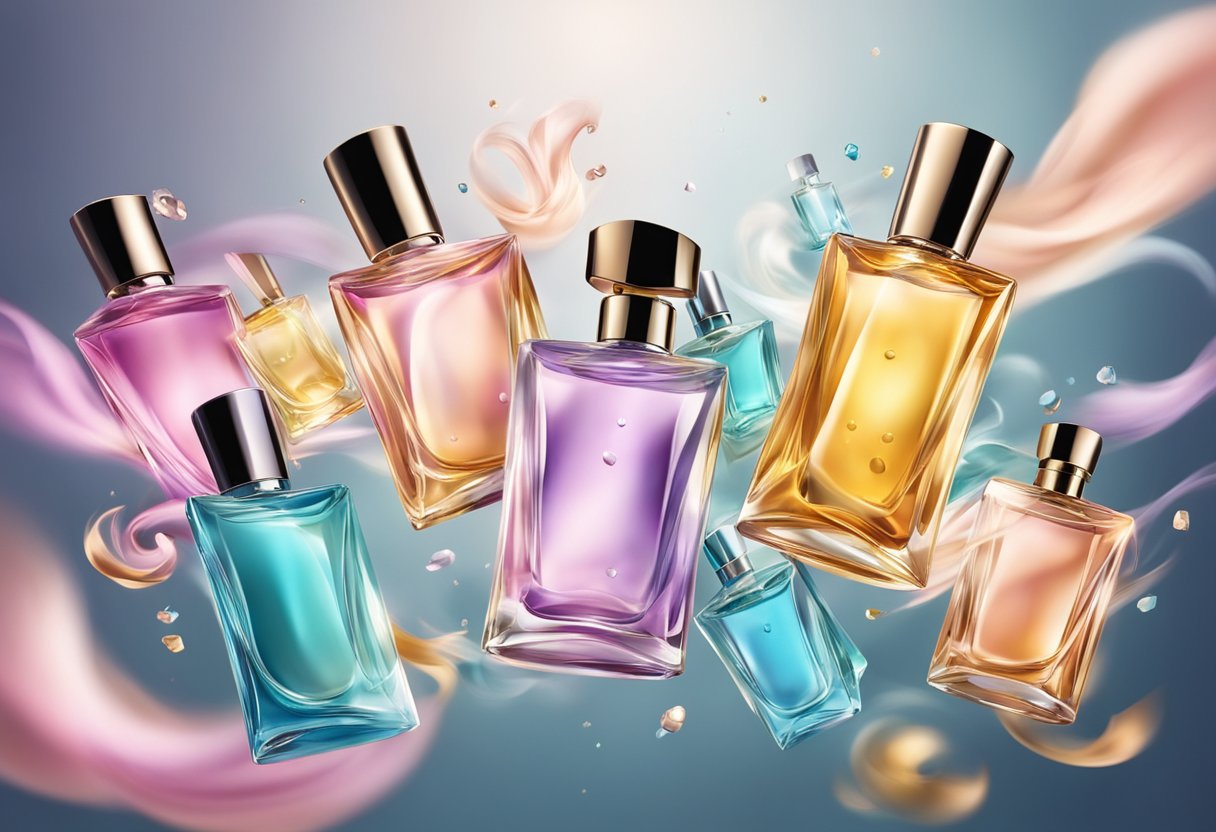 Bottles of perfume flying through the air, creating a sense of motion and excitement