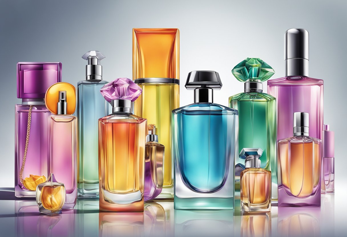 A display of various perfumes with vibrant colors and unique bottle designs, reflecting individual personalities