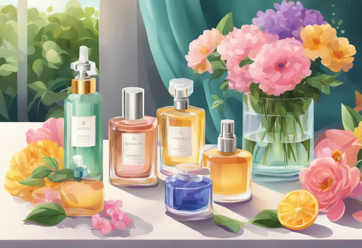 A table with various perfume bottles and spritzers, surrounded by colorful flowers and greenery. A soft, natural light illuminates the scene, creating a warm and inviting atmosphere