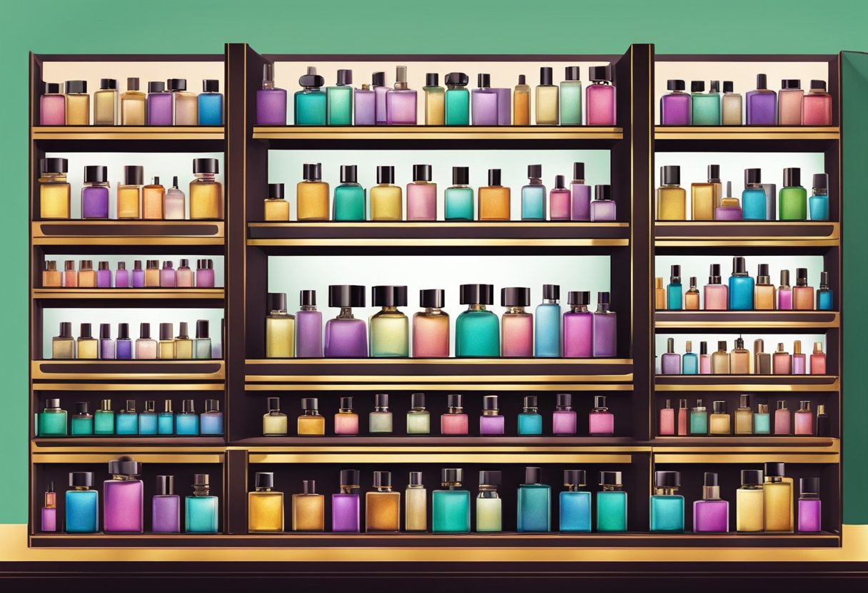 A display of Perfumes Nacionais bottles arranged on shelves, with vibrant colors and elegant designs, creating a visually appealing and luxurious atmosphere