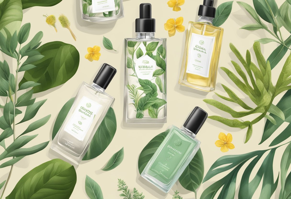 A display of sustainable perfumes with nature-inspired packaging, surrounded by greenery and eco-friendly materials