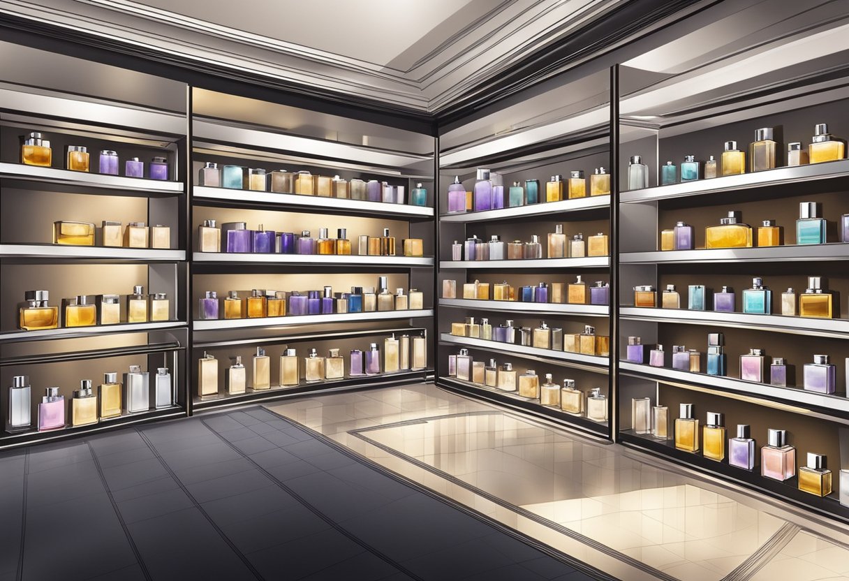 High-end imported perfumes displayed on shelves in a luxurious setting